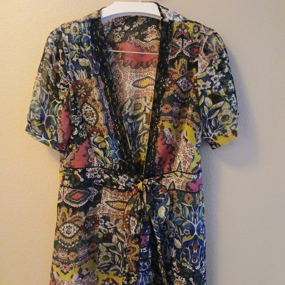 CAbi Multicolor Floral Tie-Front Blouse